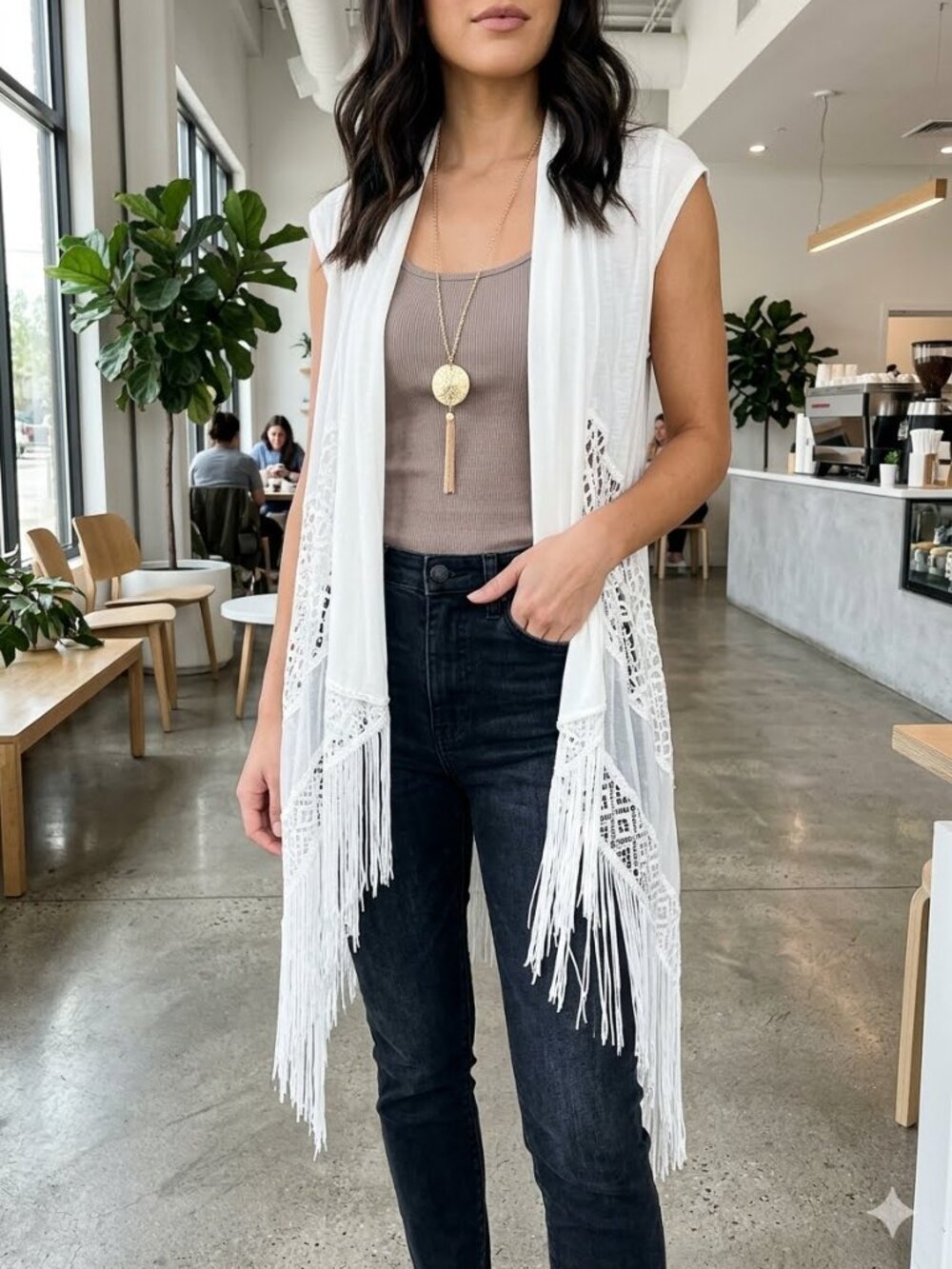 Maria Gabrielle Women's Size PM Ivory Lace Open Front Drape Fringe Cardigan
